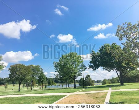 Beautiful Green Park With Pathway Trail In Coppell, Texas, Usa