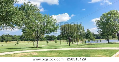 Panoramic Beautiful Green Park With Pathway Trail In Coppell, Texas, Usa