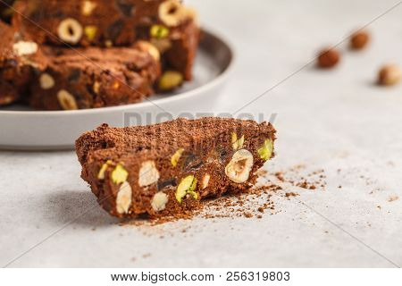 Italian Dessert Panforte With Nuts, Chocolate And Candied Fruits. White Background, Italian Dessert 