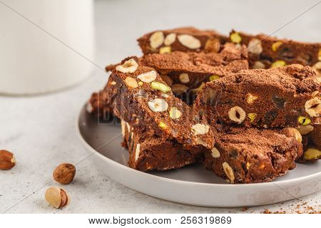 Italian Dessert Panforte With Nuts, Chocolate And Candied Fruits. White Background, Italian Dessert 