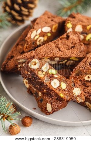 Italian Christmas Dessert Panforte With Nuts, Chocolate And Candied Fruits. Christmas Background, Ch