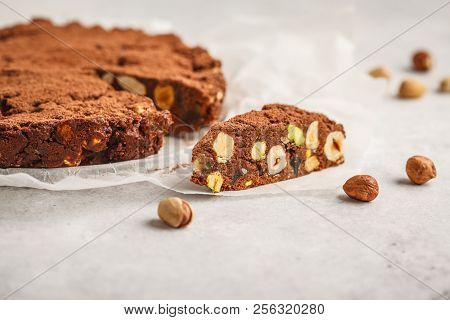 Italian Dessert Panforte With Nuts, Chocolate And Candied Fruits. White Background, Italian Dessert 