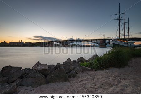 Cityscape Of The German City Of Mainz With Theodor Heuss Bridge Seen From Wiesbaden