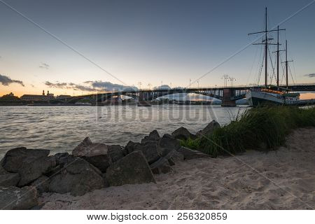 Cityscape Of The German City Of Mainz With Theodor Heuss Bridge Seen From Wiesbaden