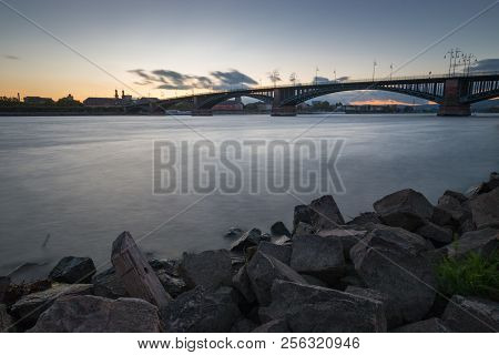 Cityscape Of The German City Of Mainz With Theodor Heuss Bridge Seen From Wiesbaden