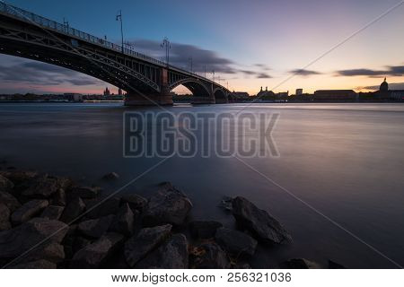 Cityscape Of The German City Of Mainz With Theodor Heuss Bridge Seen From Wiesbaden