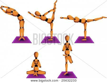 Figurina vettoriale denominata Woody mostrando cinque posture yoga differenti di pratica su una base quotidiana.