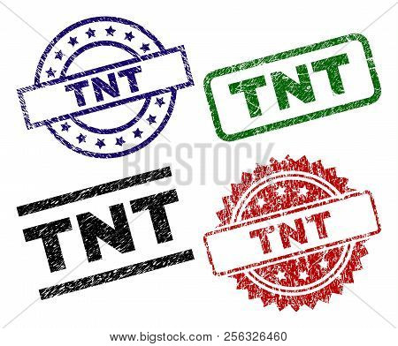 Tnt Seal Prints With Corroded Style. Black, Green, Red, Blue Vector Rubber Prints Of Tnt Title With 