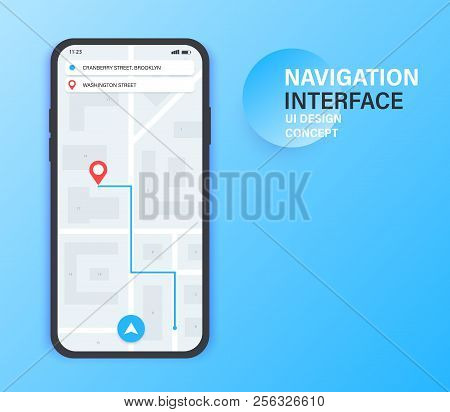Gps Navigation App On Mobile Phone. City Map Navigation. Mobile App Interface Concept Design. Vector
