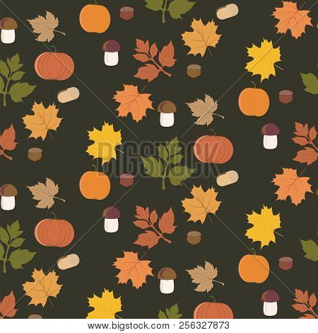 Autumnal Pattern - Bright Leaves, Pumpkin, Mushrooms, Nuts - Dark Background - Vector