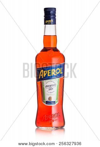 London, Uk - September 03, 2018: Bottle Of Aperol Aperitivo Summer Cocktail Drink On White Backgroun