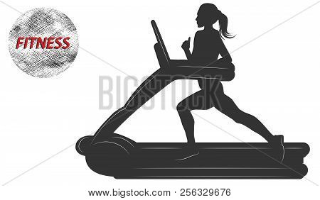 Silhouette Of A Woman On A Treadmill - Flat Style - Emblem Fitness - Isolated On White Background - 