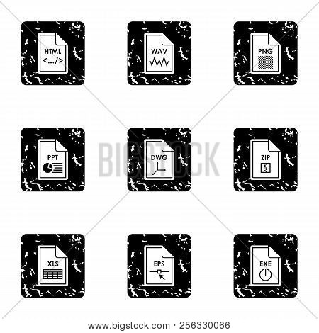 Types Of Files Icons Set. Grunge Illustration Of 9 Types Of Files Icons For Web