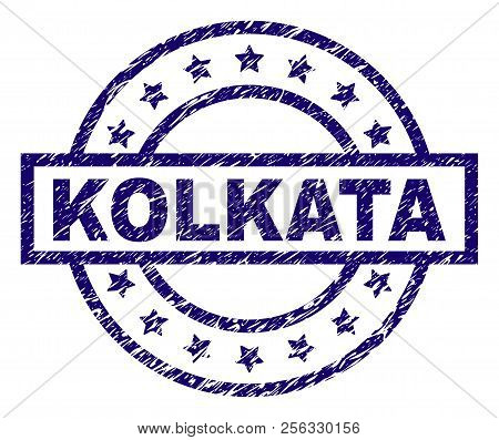 Kolkata Seal Print With Grunge Texture. Designed With Rectangle, Circles And Stars. Blue Vector Rubb