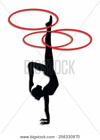 Gymnastics - Silhouette Of A Woman In A Rack On Her Hands Twists Three Hoops On Her Leg - Isolated O