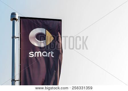 Belgrade, Serbia - September 1, 2018: Logo Of Smart On A Flag In Front Of Its Dealership For Belgrad