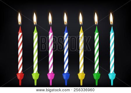 Vector 3d Realistic Different Birthday Party Colofful Wax Paraffin Burning Cake Candle Icon Set Clos
