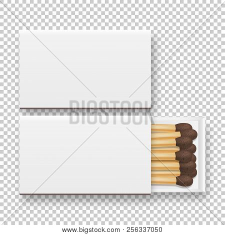 Vector 3d Realistic Closed And Opened Blank Box Of Matches With Brownheads Icon Set, Closeup Isolate