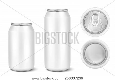 Vector Realistic 3d White Empty Glossy Metal Black Aluminium Beer Pack Or Can Visual 330ml 500ml. Ca