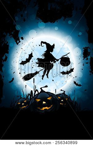 Halloween Background With Whitch And Pumpkin Grass And Bats