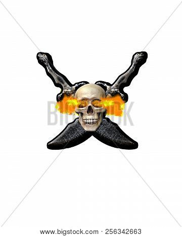 Photo Of A Skull With Fire Coming Out Of Its Eyes And Crossed Pirate Swords Behind The Skull On A Tr