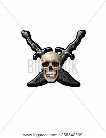 Halloween: Photo Of A Skull With Crossed Pirate Swords Behind The Skull On A Transparent Back Ground