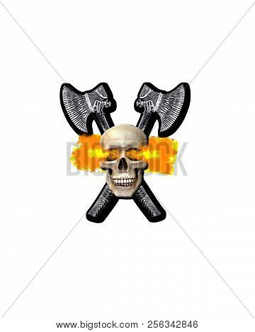 Halloween: Photo Of A Skull With Fire Coming Out Of Its Eyes And Crossed Pirate Hatchets Behind The 
