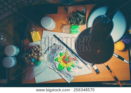 Creative Workspace For Creating Accessories. Accessories Creating. Working Disorder On The Table. Bu