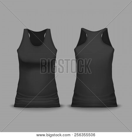Black Female Sport Tank Top Vector Illustration Of 3d Realistic Model For Branding. Isolated Templat