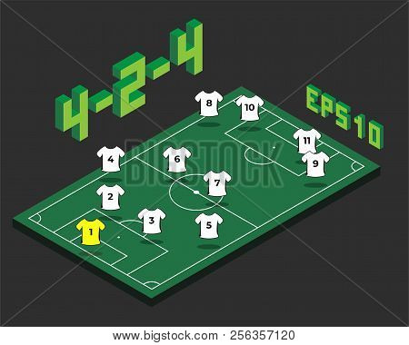 Football 4-2-4  Formation With Isometric Field. Soccer Popular  Strategy Concept. Vector Championshi