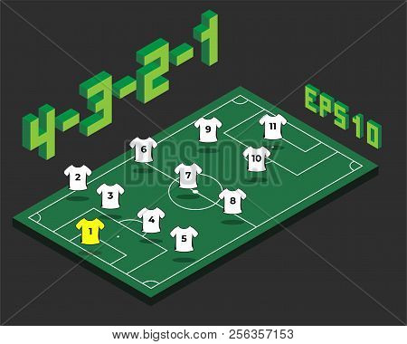 Football 4-3-2-1  Formation With Isometric Field. Soccer Popular  Strategy Concept. Vector Champions