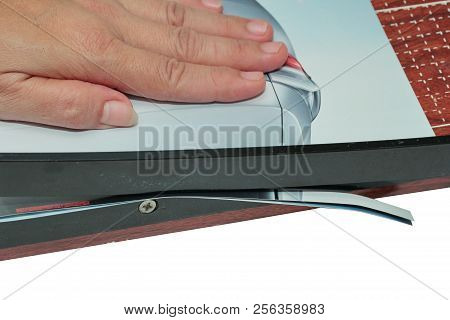 Hands Take To Cut The Paper By Using Wooden Guillotine Paper Trimmer And Cutter