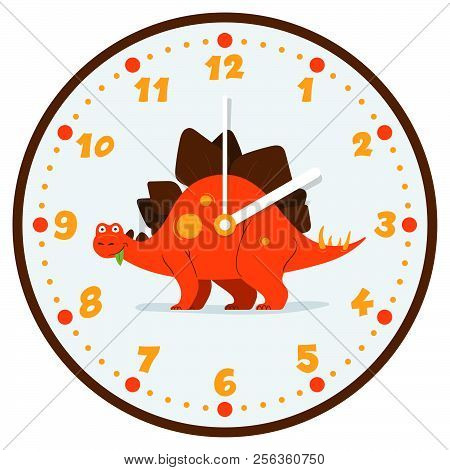 Funny Illustration With The Dino Stegasaurus In The Center Of The Wall Clocks. Cool Children, Kids I