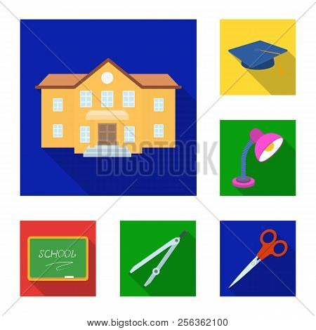 School And Education Flat Icons In Set Collection For Design.college, Equipment And Accessories Vect