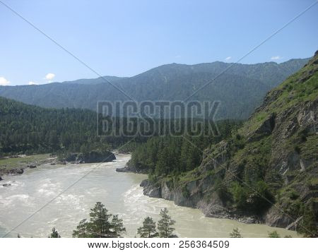 The Katun River, Near The Village Of Chemal. Mountain Altai. Siberia.