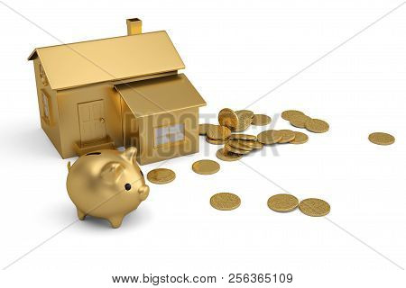 Gold House And Piggy Bank With Coins On White Background.3D Illustration.