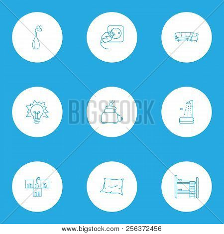 Furniture Icons Line Style Set With Vase, Lightblub, Corner Sofa And Other Appliance Elements. Isola