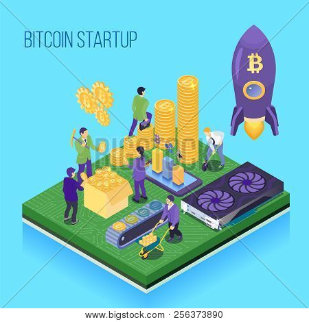 Bit Coin Start Up Project, Crypto Currency Mining And Transaction, Computer Hardware, Blue Backgroun