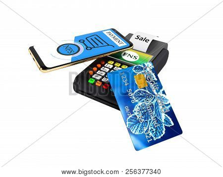 Nfs Payment Through The Phone To The Payment Card Pos Terminal With Credit Card 3d Render On White B