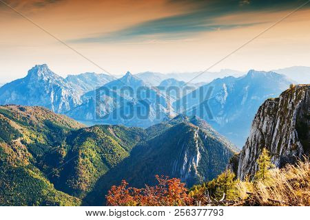 Alps Mountains In Autumn, Austria. Beautiful Autumn Landscape At Sunset