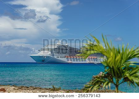 Cruise Ship In Crystal Blue Water With A Palm On The Front