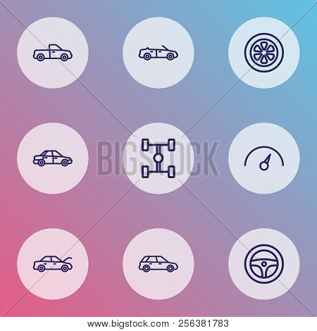 Car Icons Line Style Set With Steering Wheel, Wheelbase, Speedometer And Other Wheel  Elements. Isol