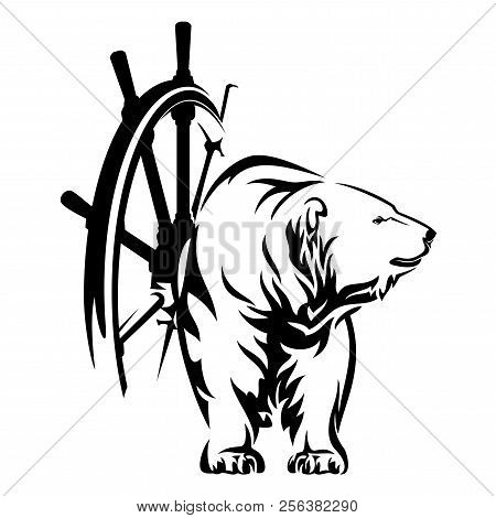 Polar Bear And Ship Steering Wheel Black And White Vector Design - Sea Adventure Concept