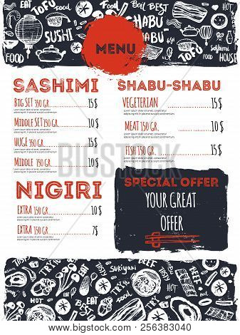 Modern Shabu Sukiyaki Restaurant Template With Grunge Doodles And Lettering. Asian Vector Template D