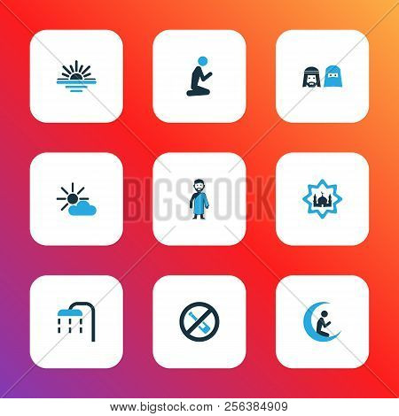 Ramadan Icons Colored Set With Ghusl, Building, Prayer And Other Mussulmans Elements. Isolated  Illu