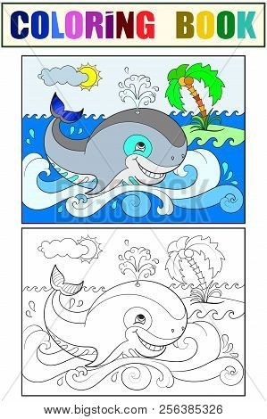 Blue Whale On A Background Of Ocean Coloring For Children Cartoon Illustration. White, Black And Col
