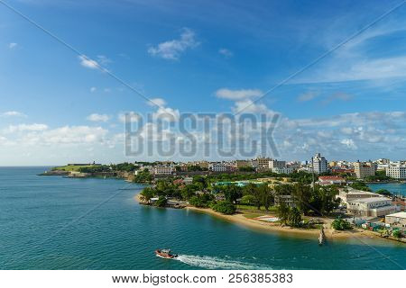 Scenic View Of Historic Colorful Puerto Rico City In Distance From The Sea