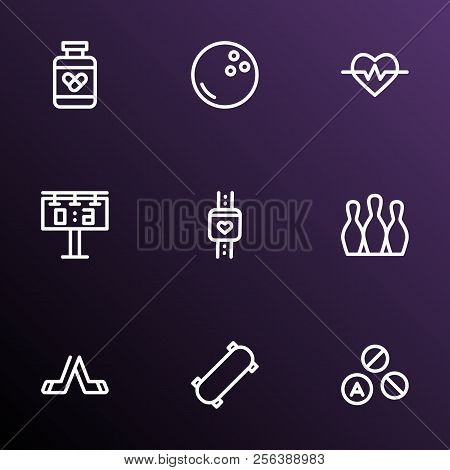 Activity Icons Line Style Set With Smart Watch, Bowling, Drugs And Other Skittles Elements. Isolated