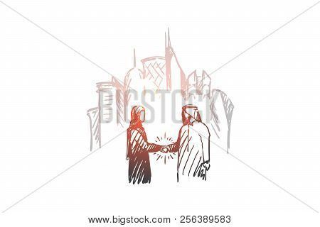 Businessman, Agreement, Deal, Muslim, City Concept. Hand Drawn Isolated Vector.