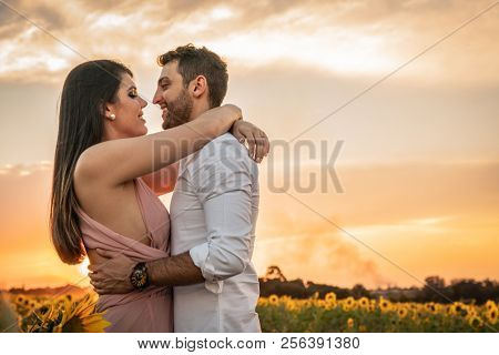 Romantic Couple on a Love Moment in a Sunflower field at Holambra, Sao Paulo, Brazil